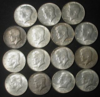 Partial Roll Of 15 Kennedy 40 Silver Us Half Dollars
