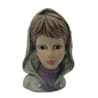 Vintage Boyer Hand Painted Ceramic Lady Head Vase Pearl Ear Rings Purple Sweater