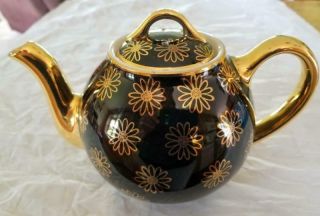 Vintage Hall Black & Gold Teapot Flower 6 Cup Daisy