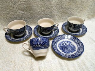 4 Staffordshire England Liberty Blue Cup & Saucer Paul Revere Old North Church