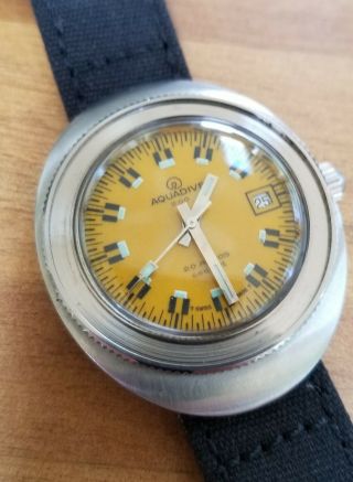 Aquadive 200 1970 Vintage Swiss Sub Dive Watch Rare Yellow Orange Dial Color 2