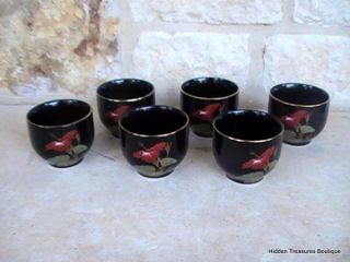 Vintage Otagiri Japan 6 Sake Tea Cups Black W/red Flowers Gold Trim