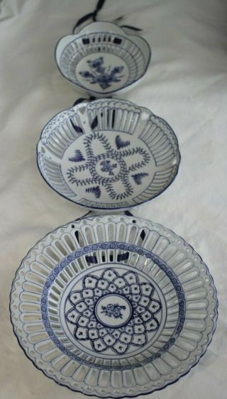 Set Of 3 Vintage Blue And White Porcelain Reticulated Bowls