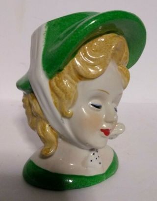 Vintage Nippon Green Hat & Polka Dot Bow Blond Lady Head Vase Hand Painted Japan