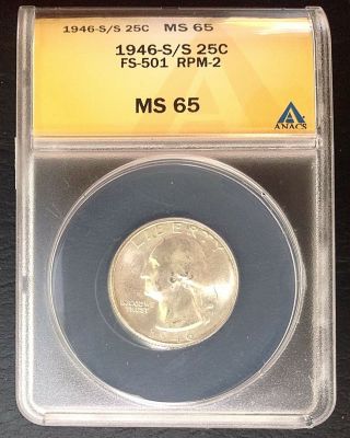 1946 - S/s 25c Rpm Fs - 501 Washington Silver Quarter Anacs Ms 65