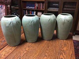 Set 4 Unmarked American Art Pottery Matte Green Arts & Crafts Vases 8” Tall