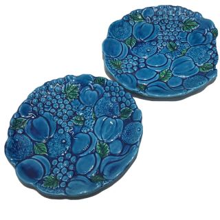 Vintage Inarco Mood Indigo Blue Fruit Embossed Plates E3445 Set Of 2 Japan Mcm