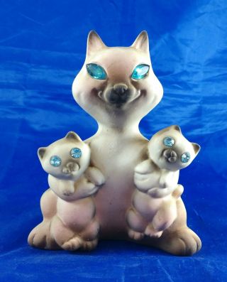 Mid Century Siamese Cat And Babies Roselane Pottery Rhinestone Eyes