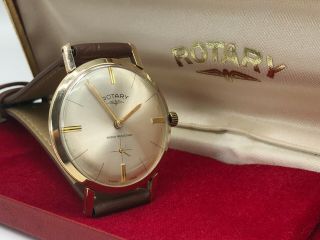 Vintage 9k 9ct Solid Gold Mens Rotary Swiss Watch,  Red Rotary Box