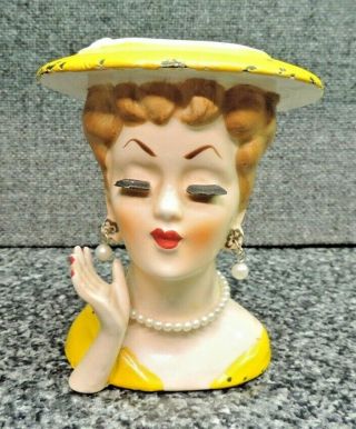Vintage Lee Wards Japan Ladies Headvase Planter 4 1/2 " Tall Pearl Necklace Yello