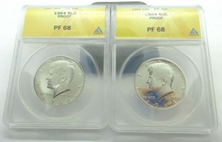 (set Of Two) 1964 Kennedy Half Dollar Proof Silver Coin Anacs Pf68 White Blazer