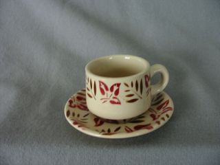 Vintage Jackson China Airbrushed Cup & Saucer - Green Leaf & Red Flower Pattern