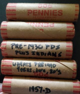 5 Rolls Unsearched Wheat/indian Head Pennies (250) Coins
