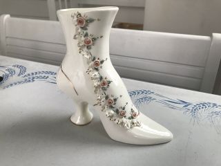Vintage Florence Ceramics Victorian Shoe Boot Vase With Rose And Lace Decorating