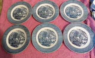 Set Of 6 Vintage Currier & Ives Blue Royal China Old Grist Mill Dinner Plates