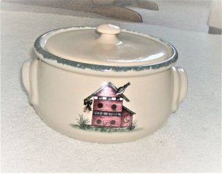 Birdhouse Home And Garden Party Stoneware Bean Pot Crock Casserole 2002