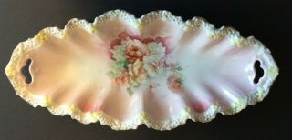 Rare Antique Rs Prussia Pink Oval Candy Dish With Floral Design,  Red Mark - Vgc