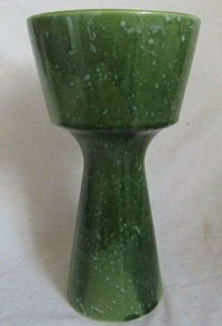 Vintage Ceramic Pottery Large High Pedestal 10 " Vase Green And White Spots