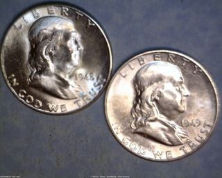 1948 - D -,  1949 - S Ben Franklin Silver Half Dollars In