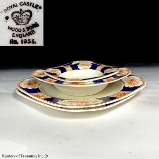 4 Antique Royal Castle Wood & Sons England Imari Napoli Blue Dish Plates Bowl