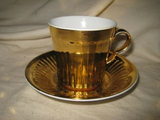Royal Worcester Porcelain Gold Lustre Flat Cup & Saucer 3 " Ribbed