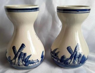 Set Of 2 Vintage Delft Holland Hand - Painted Pottery Windmill Design Vases 1960