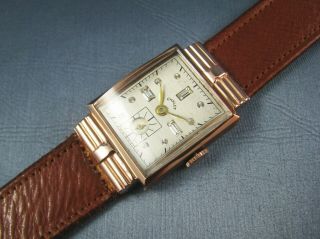 Rare Vintage Nos Art Deco Chalet Swiss Solid 14k Pink Gold Mens Watch 17j 1940s