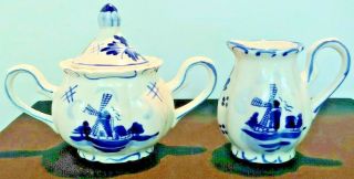 Vintage Delft Blue Windmill Cream And Sugar Set Hand - Painted Delftware Dutch