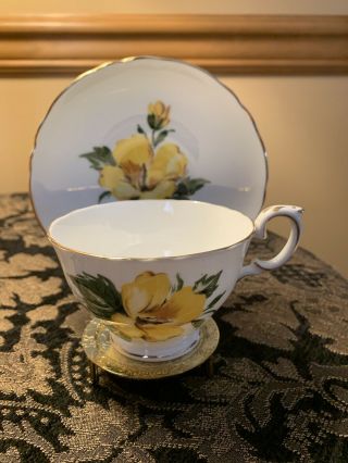 Crown Staffordshire Fine Bone China Teacup And Saucer Yellow Hibiscus England
