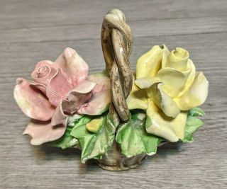Vintage Capodimonte Italy Porcelain Flowers In Basket Figurine