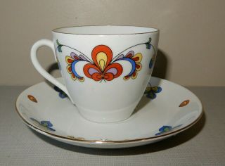 Porsgrund Norway Footed Cup & Saucer Set Farmers Rose With Gold Trim