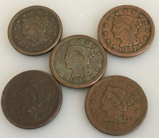 Braided Hair Variety,  Large Us Cents,  1845,  1847,  1848,  1851,  1852.  Maybe F To Vf,