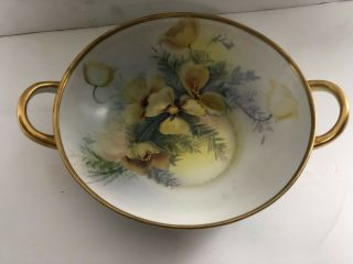 Nippon Hand Painted Yellow Floral Porcelain Bowl With Handles Gold Trim