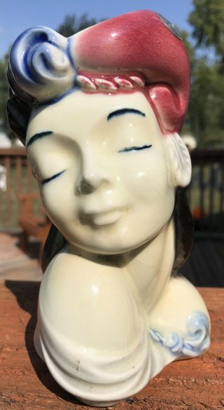 Vintage Royal Copley 6in Glamour Girl Lady Head Vase Wall Pocket Red Hat Pretty