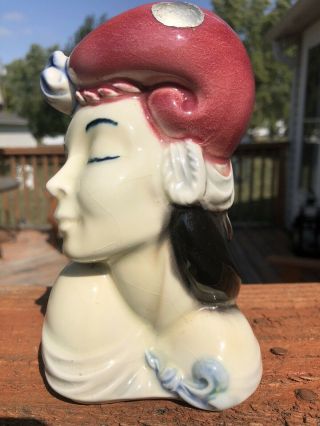 Vintage Royal Copley 6in Glamour Girl Lady Head Vase Wall Pocket Red Hat Pretty 2
