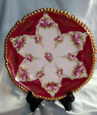 Imperial Crown China Austria Cabinet Plate - Pink Roses & Red Background - Gold