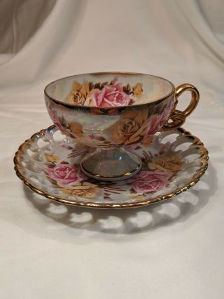 Royal Sealy Footed Cup & Saucer Pink Rose Brushed Gold Trim Lace Edge Iridescent