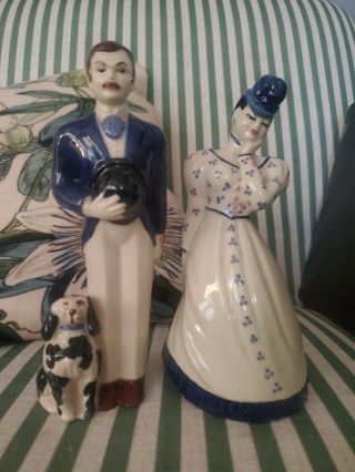Vintage Ceramic Arts Studio Man And Woman With Dog.
