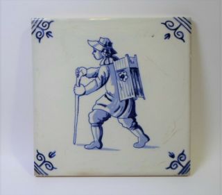 Vintage Delft Pottery Tile - Man On Back Blue & White Hollands Handwerk
