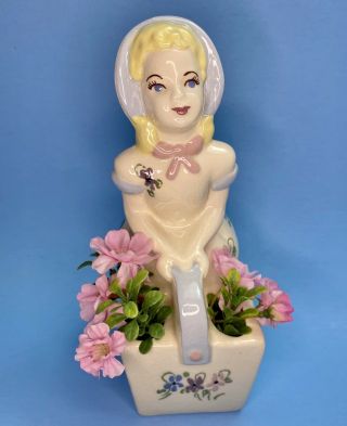 Vtg Weil Ware California Pottery Planter Blonde Girl Bonnet Basket Vase Ceramic