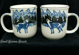 Tienshan Folk Craft Wolf Coffee Tea Mug Cup Set Of 2 Blue Spongeware