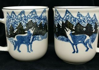 Tienshan Folk Craft Wolf Coffee Tea Mug Cup Set of 2 Blue Spongeware 2