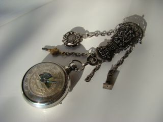 Antique Sun And Moon Silver Verge Fusee Pocket Watch / Chatelaine Chain 1800’s
