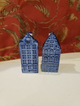 Vintage Delft Holland Salt And Pepper Shakers Houses Blue
