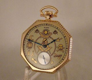 109 Years Old Elgin 17j 14k Gold Filled Open Face Masonic Dial Pocket Watch
