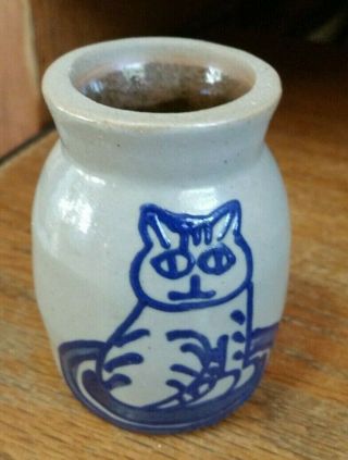 Bbp Beaumont Brothers Pottery Mini Crock - Blue Cat - 1996