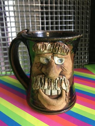Vintage Ugly Man Face Big Mustache Stoneware Mug•tankard•pottery•brown Glaze•