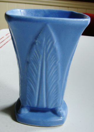 Vintage Robinson Ransbottom Bright Blue Art Deco Acanthus Leaf Vase 5 3/4 " Tall