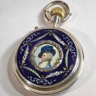 Rare Antique 1880’s Droz & Perret Saint Imier Silver With Enamel Pocket Watch.