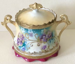 Antique R S Prussia Covered Sugar Bowl Pink Roses & Gold Art Nouveau